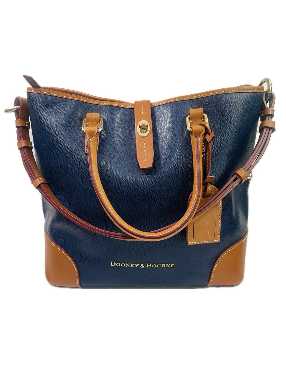 Dooney & Bourke Navy Shelby Leather Tote with Tan Trim and Gold Hardware